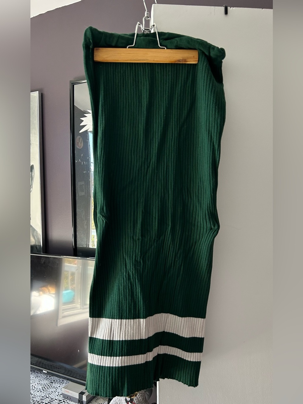 Plus size Ribbed Dark Green Midi Skirt with White Stripe